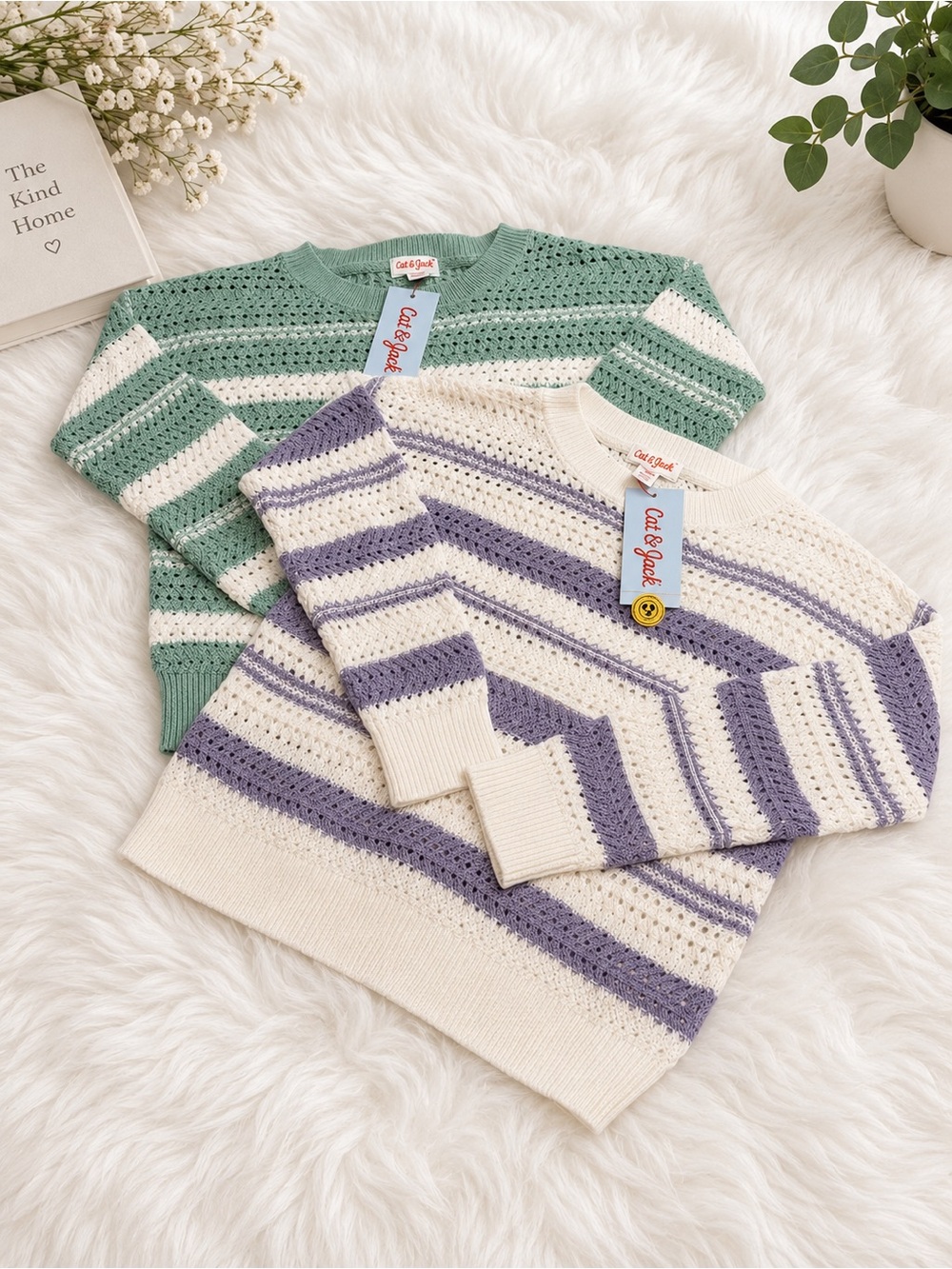Cat & Jack Kids' Striped Crochet Sweater - Cream & Lavender size 6/7